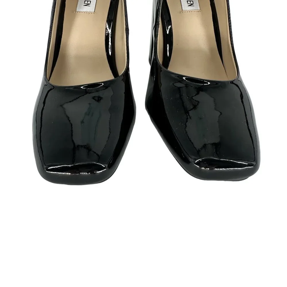 Steve Madden Black Patent Synthetic Leather Square Toe Chunky Block Heel Shoe 7M - Picture 4 of 8